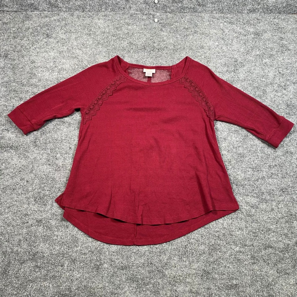 Wrangler Womens Burgundy Thermal‎ Waffle Knit Top Lace Mesh Back 3/4 Sleeve L